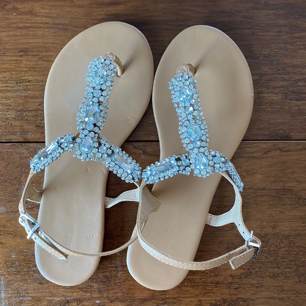 Express Tan Rhinestone Embellished T Strap Sandals - 6